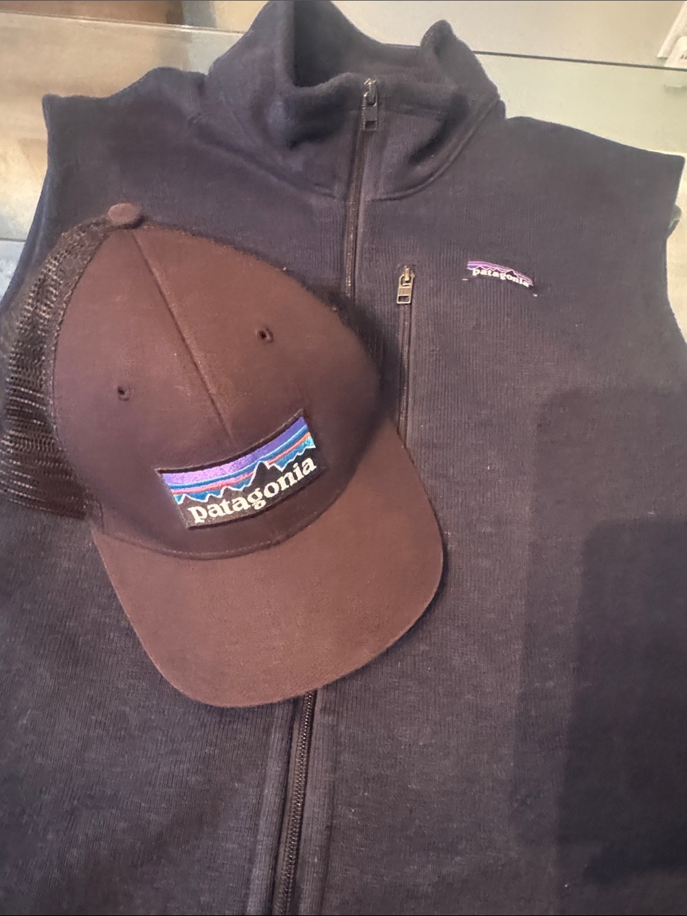 Patagonia Black Trucker Hat with Purple Blue Logo Patch